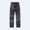 Black. A pair of dark gray washed denim jeans with a gray tonal floral print, shown flat.
