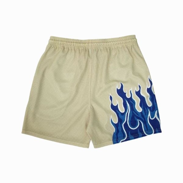 Beige shorts with a blue flame design on a white background