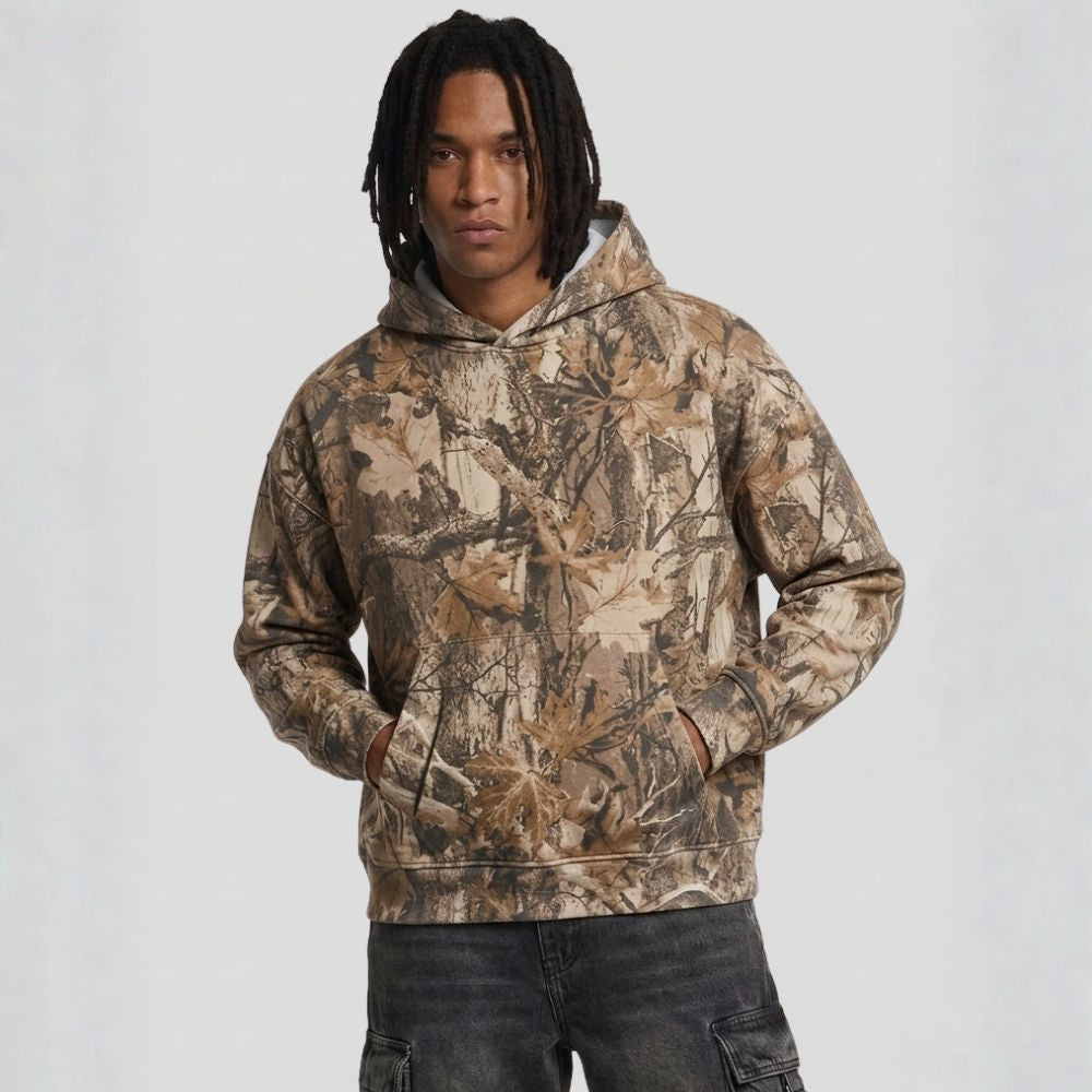 Person wearing a camouflage hoodie on a plain background