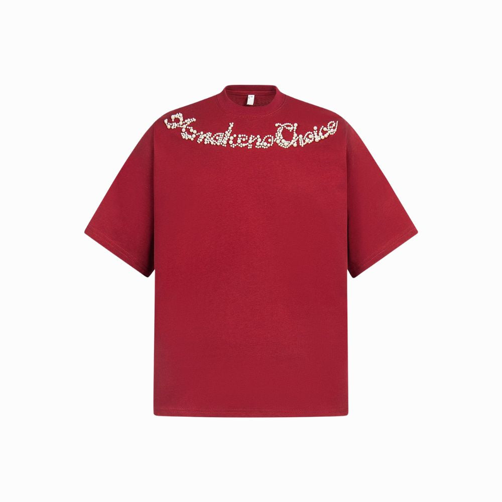 Red t-shirt with white text on a white background