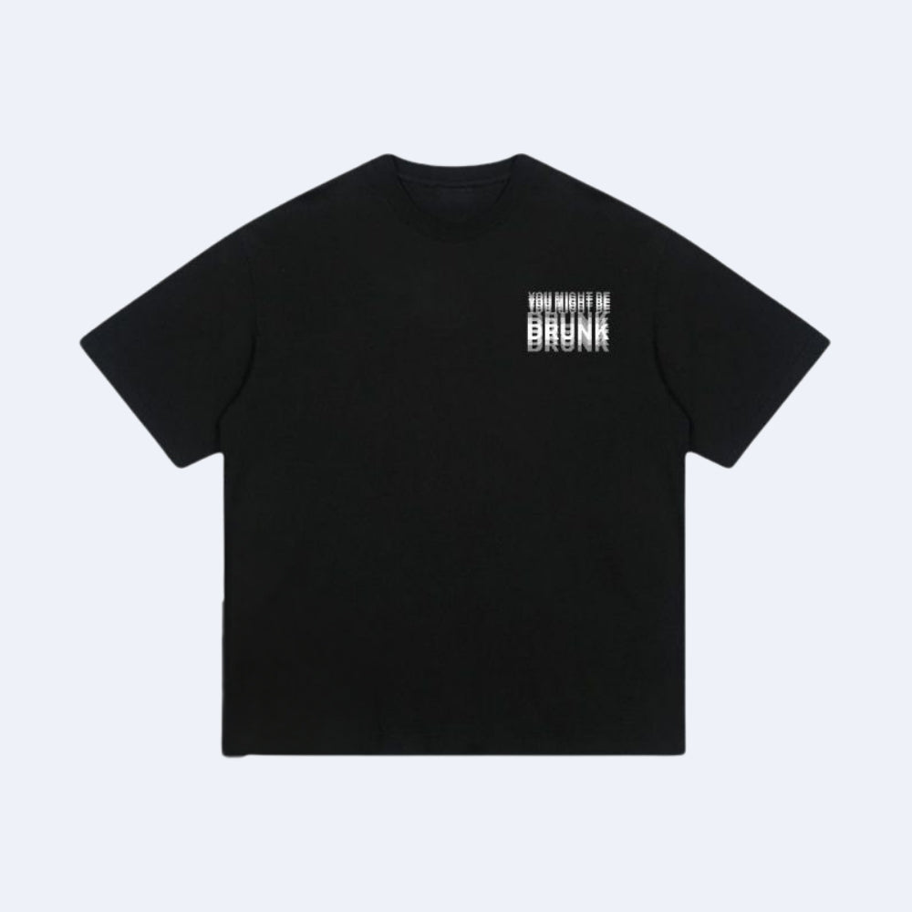 Black. KRUX You Might Be Drunk black t-shirt, flat lay front view with small chest print