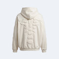 White. An off-white hooded sweatshirt shown from the back, featuring a large 3D sculptural spine design across the back panel.