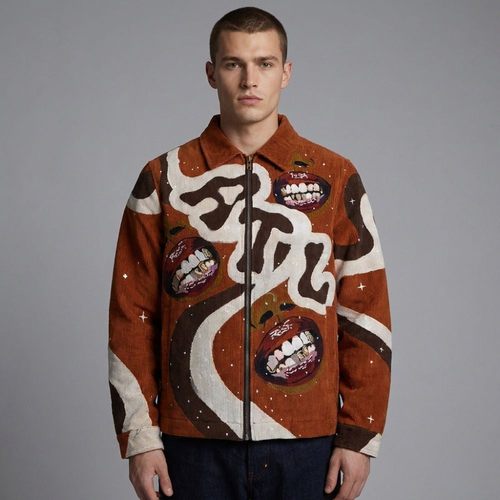 Man wearing a unique jacket with artistic designs on a gray background