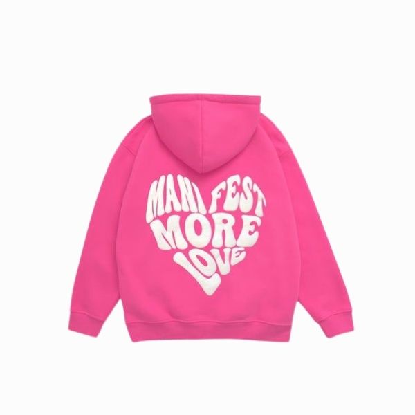 Pink hoodie with white text on the back against a white background