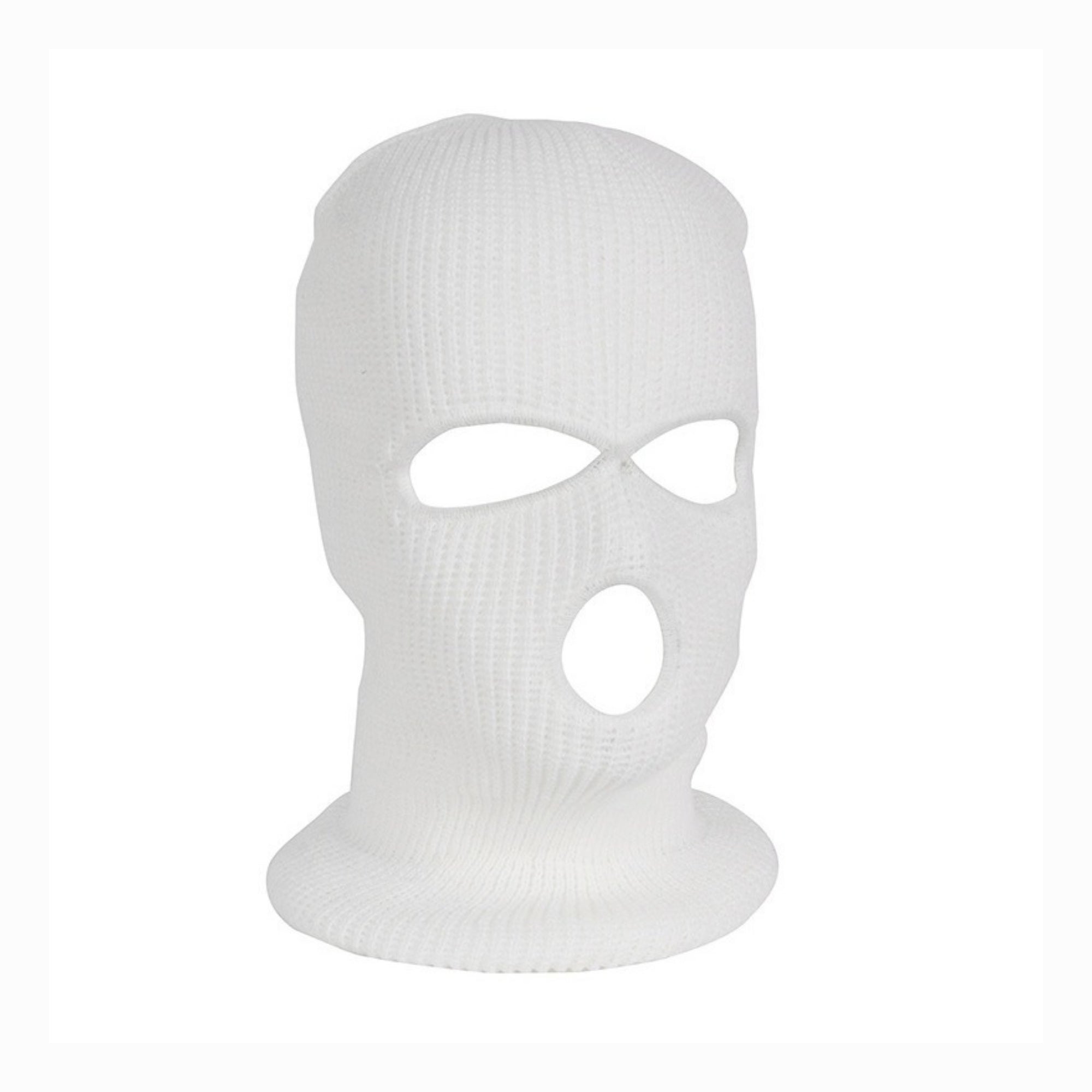 White balaclava ski mask with three face holes on a white background