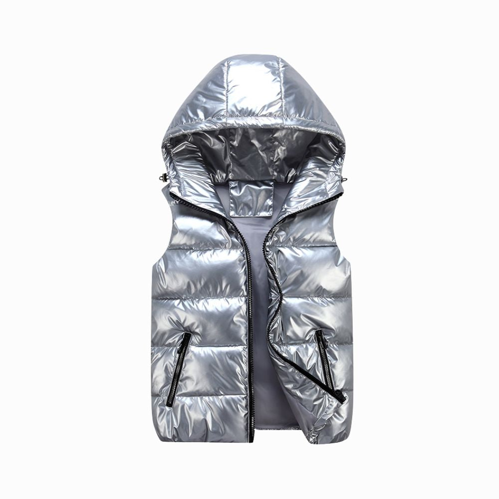 Silver reflective hooded vest on a white background