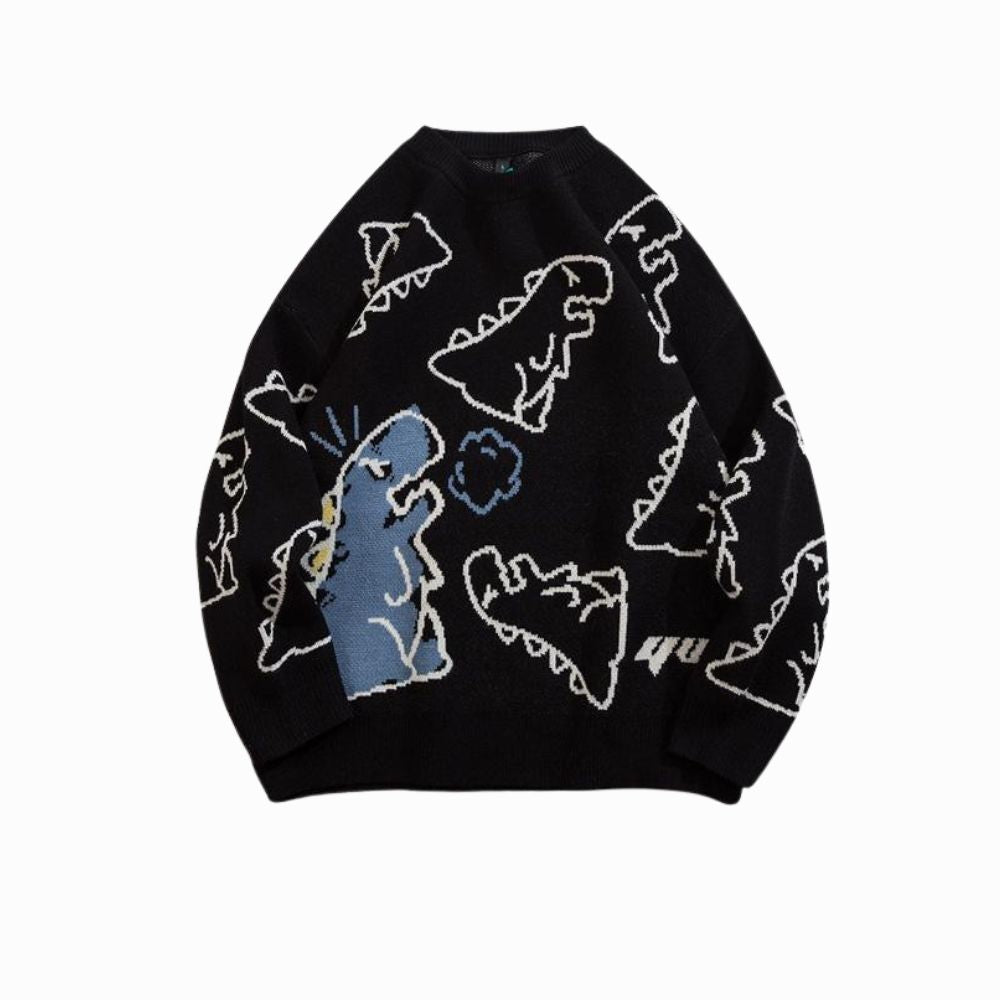 Black sweater with dinosaur patterns on a white background