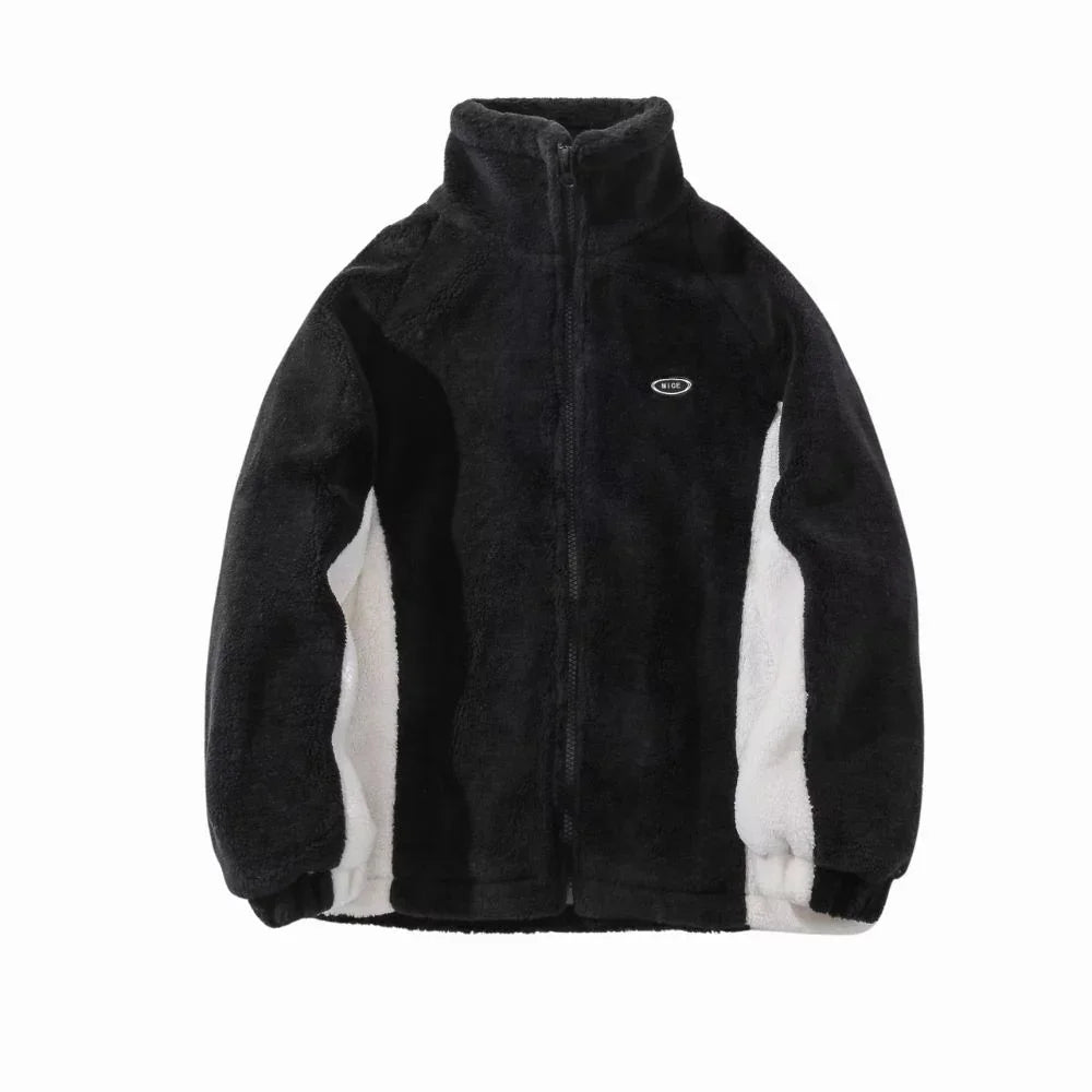 Black fleece jacket with white lining on a white background