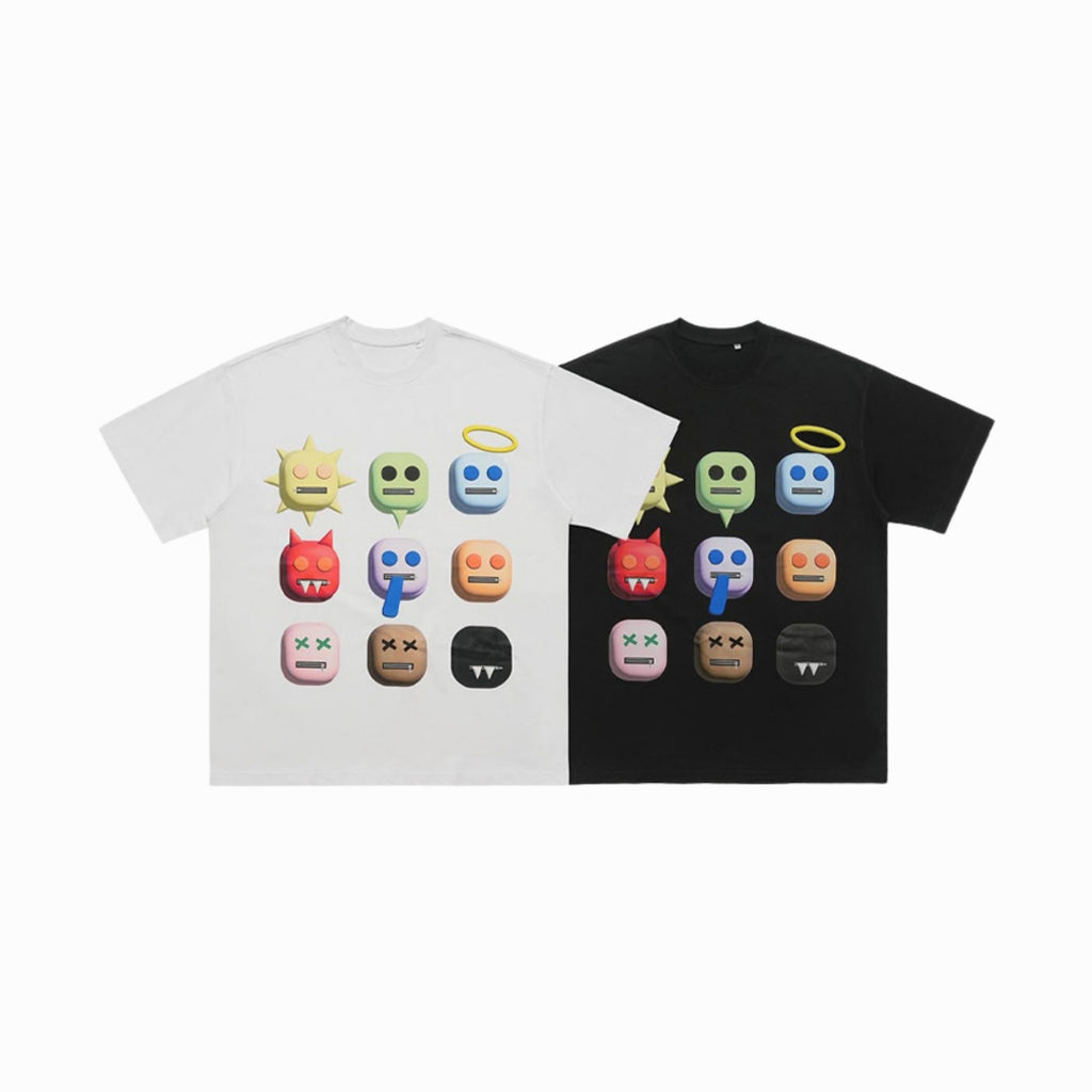 White and black t-shirts with colorful emoji designs on a white background