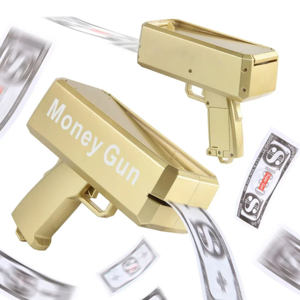 Gold toy gun labeled 'Money Gun' with dollar bills on a white background