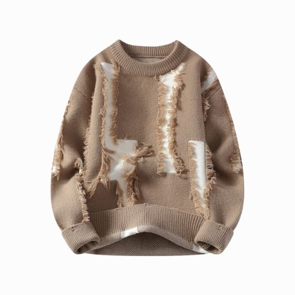 Brown sweater with white distressed pattern on a white background