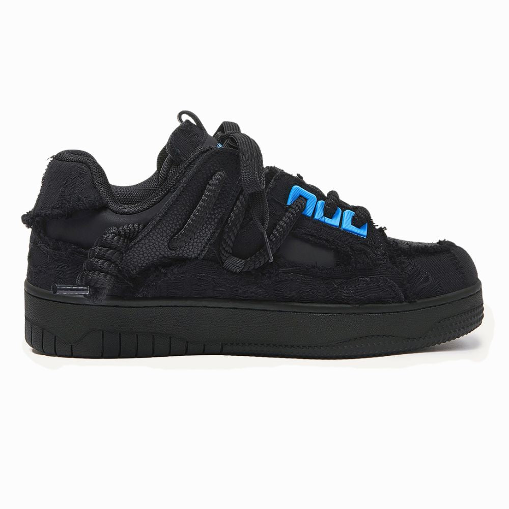 Black sneaker with blue accents on a white background