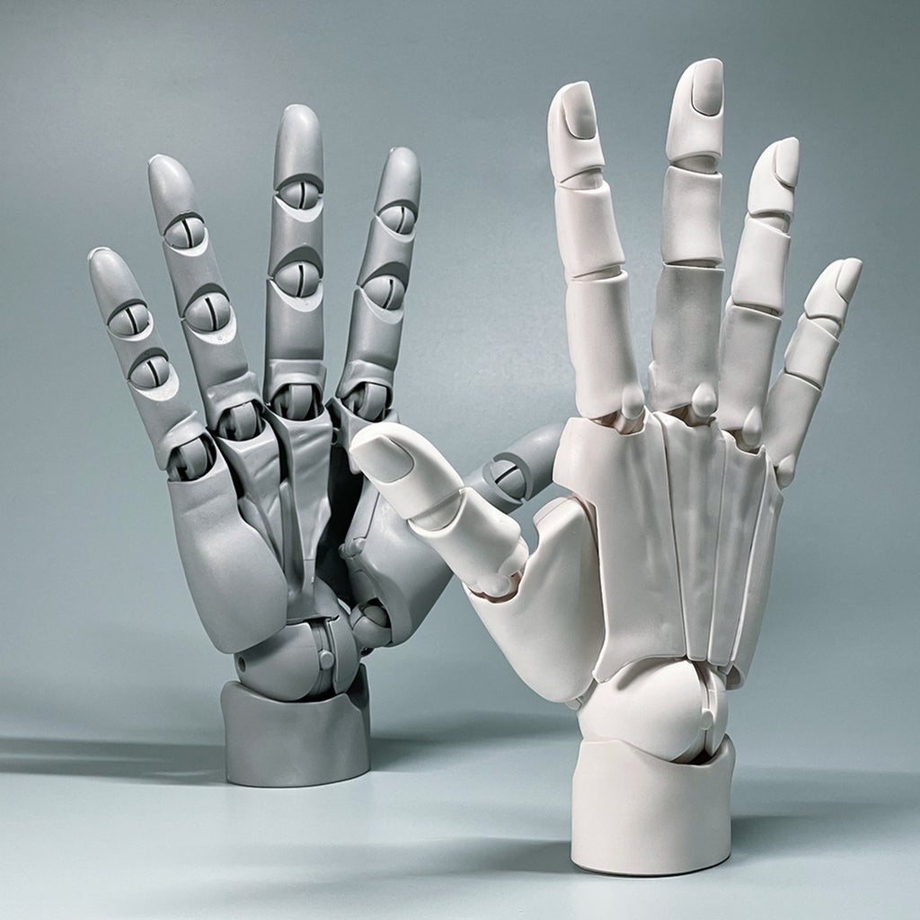 Two robotic hands interacting on a gray background