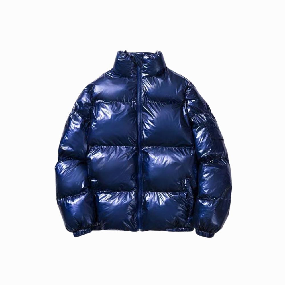 Blue puffer jacket on a white background