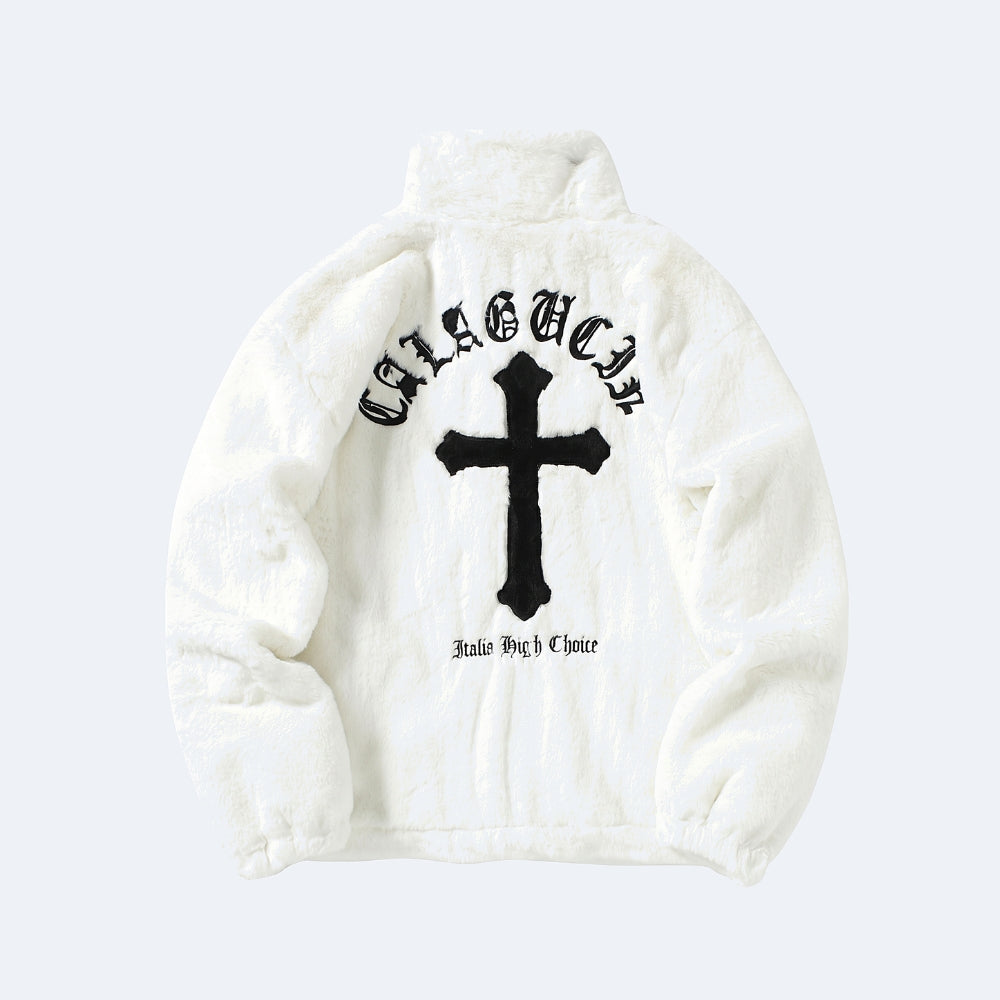 White. An off-white plush fleece jacket with a black gothic cross and text on the back.