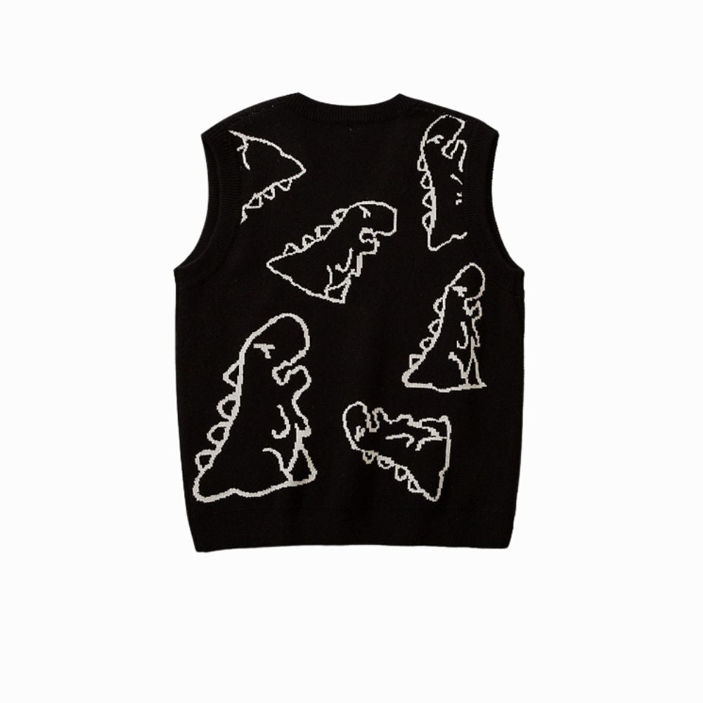 Black sleeveless shirt with white dinosaur outlines on a white background