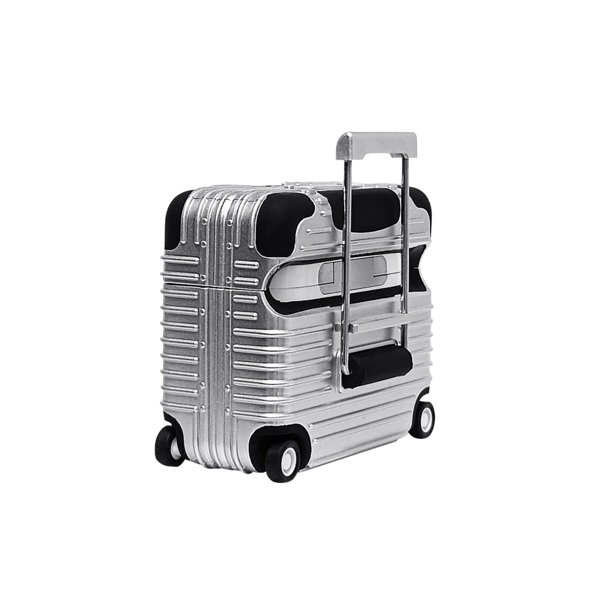 Silver suitcase AirPods case with a black interior on a white background