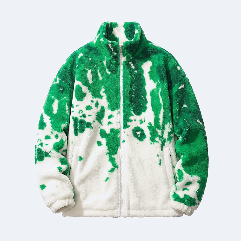 Green. A green and white tie-dye fleece zip-up jacket with a stand-up collar.