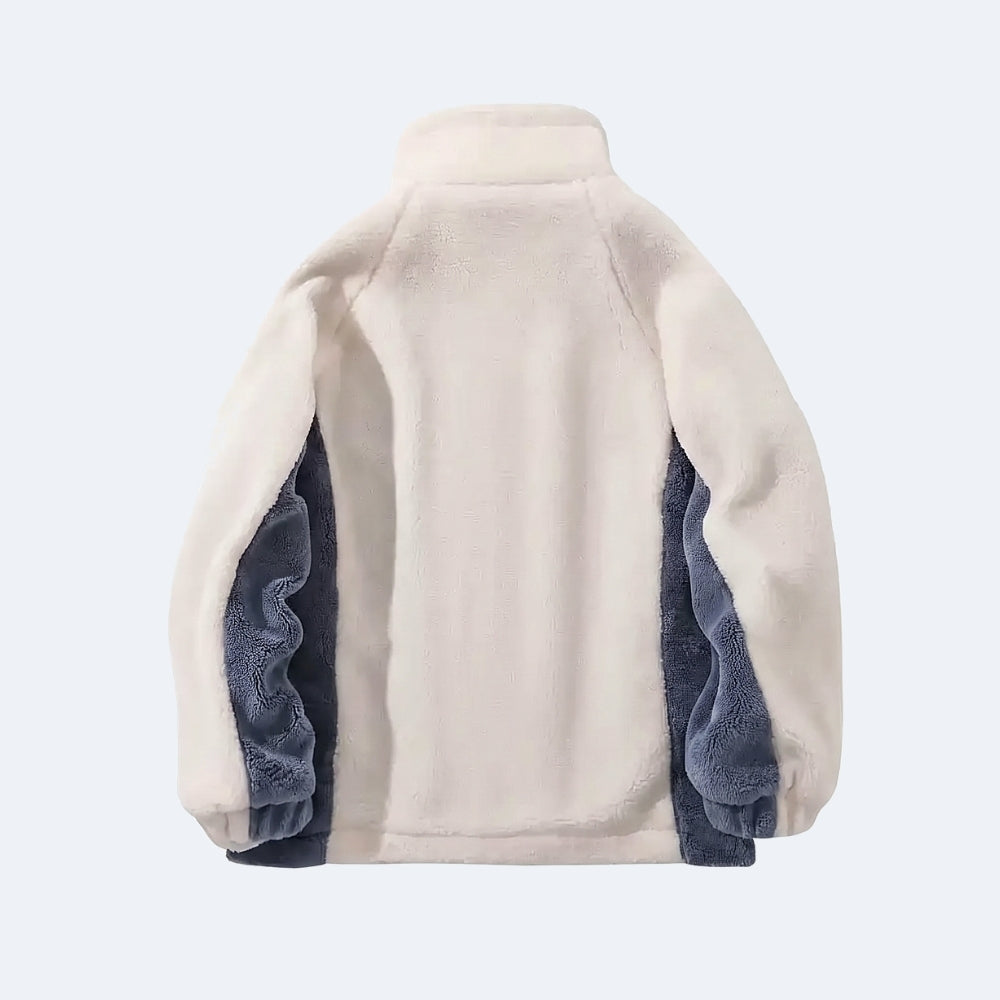 Blue. The back view of a fleece jacket in off-white with dark blue ribbed trim along the inner sleeves.