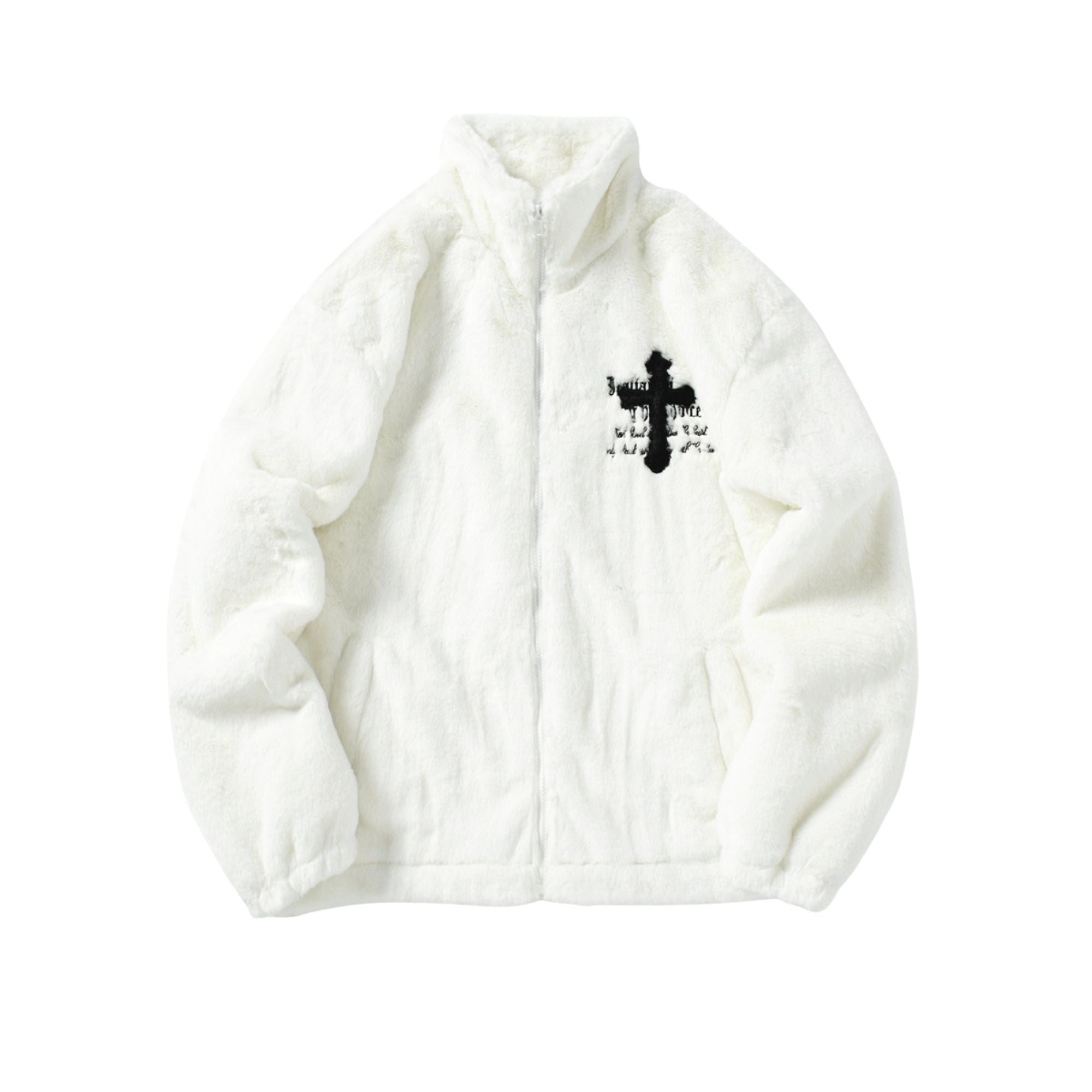 White jacket with a black cross design on a white background