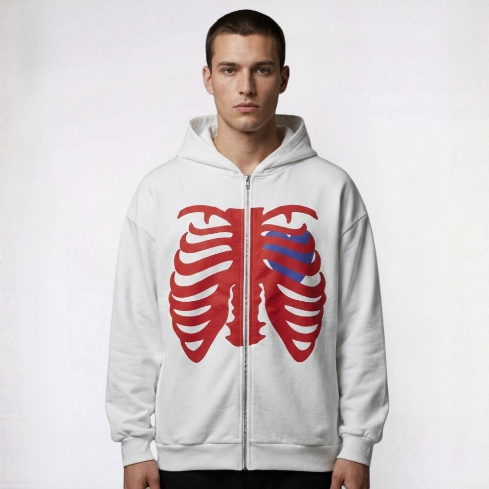 Person wearing a white hoodie with a red ribcage design on a white background