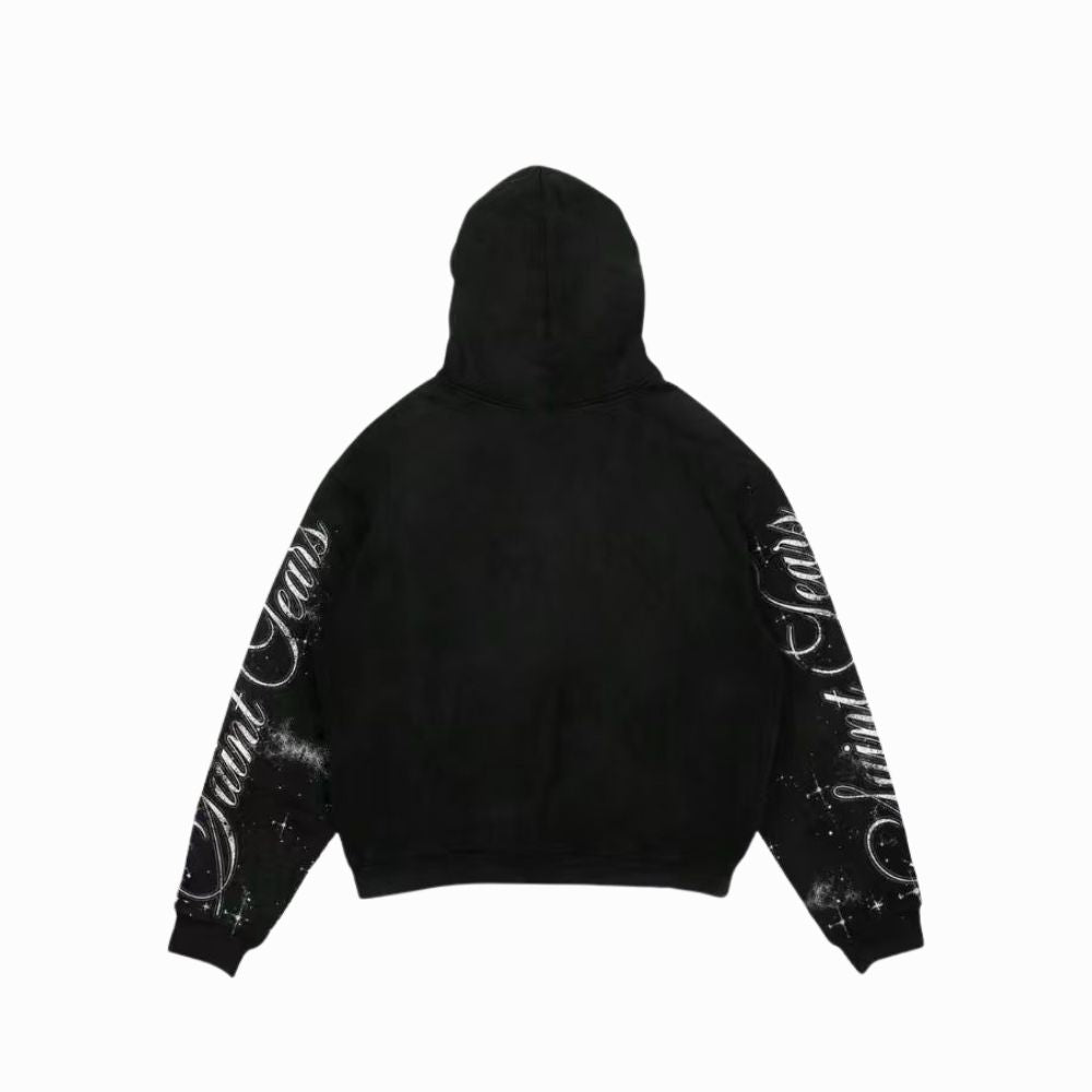 Black hoodie with white text on sleeves against a white background