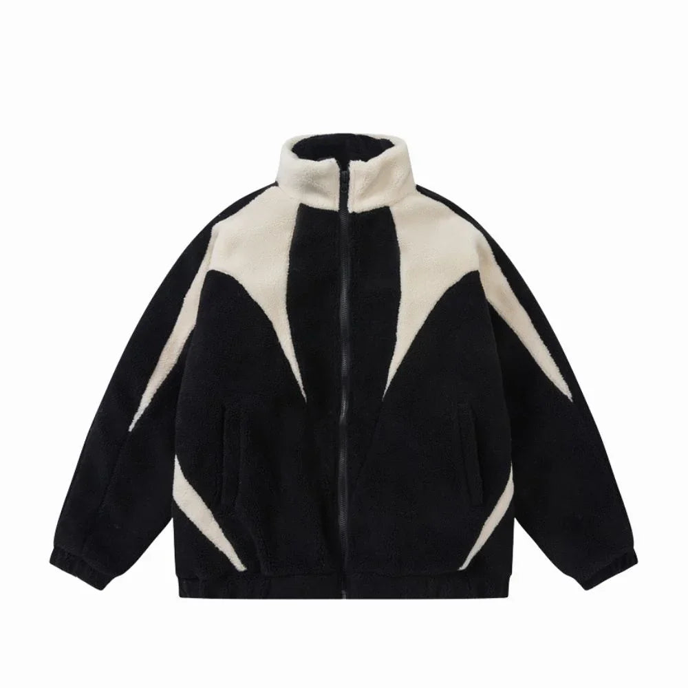 Black and white jacket with geometric design on a white background