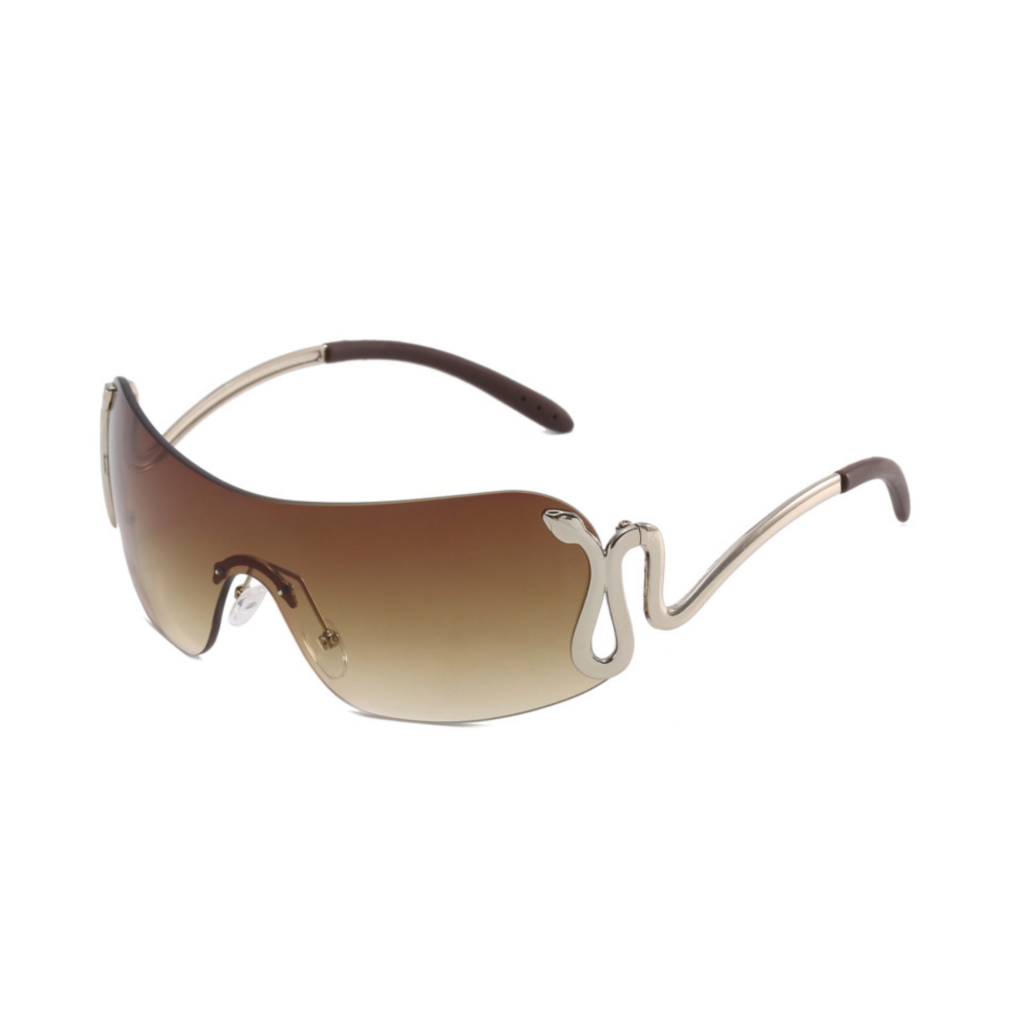 Sunglasses with a brown gradient lens and metallic frame on a white background