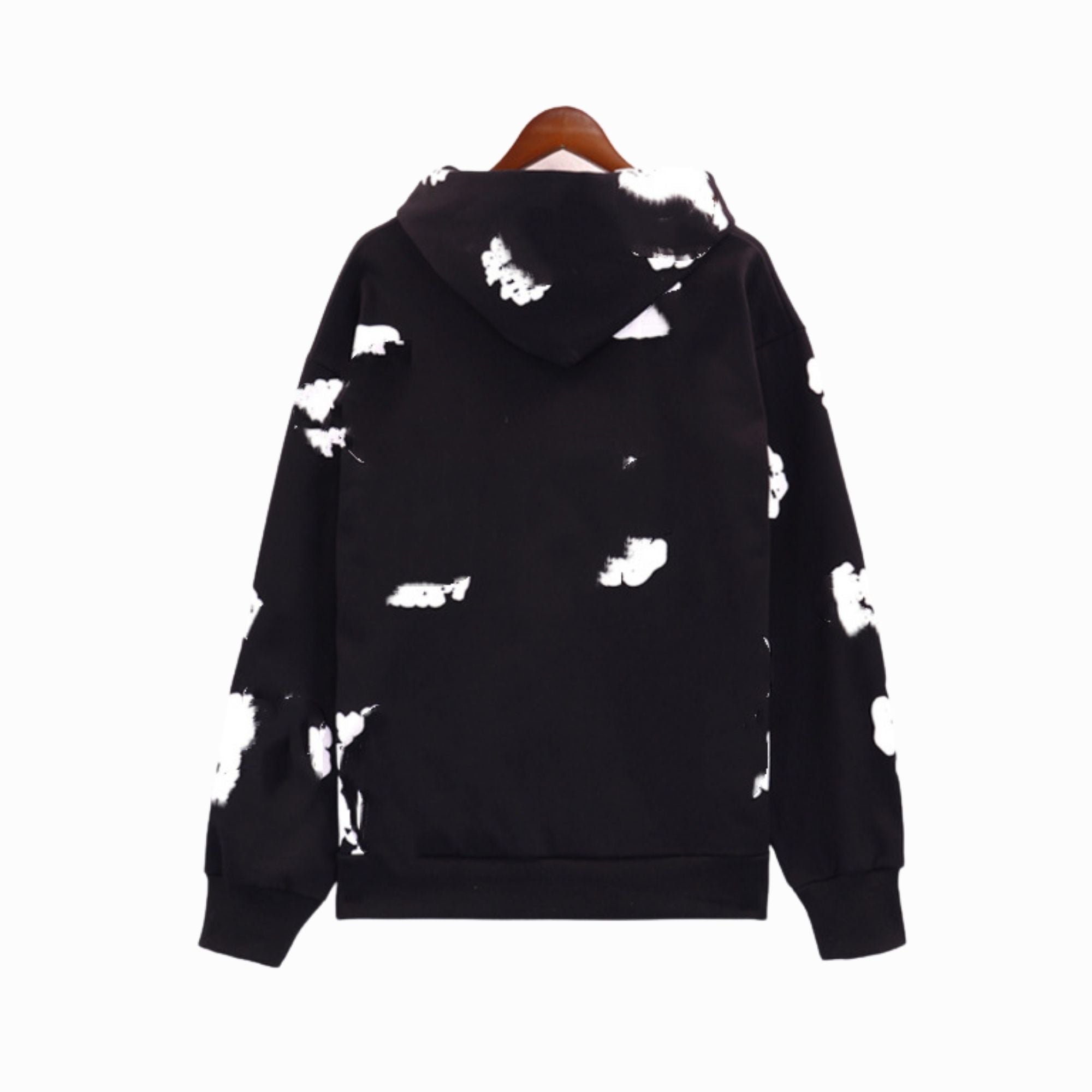 Black hoodie with white cloud patterns on a white background