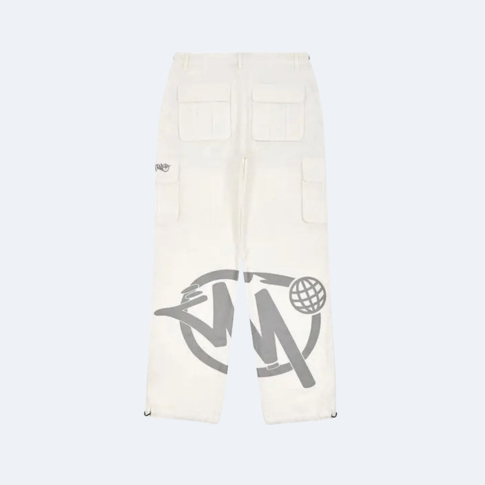 Off-white cargo pants featuring a large gray graphic print on the lower left leg, a small gray logo on the right thigh, and multiple utility pockets, shown against a light gray background.