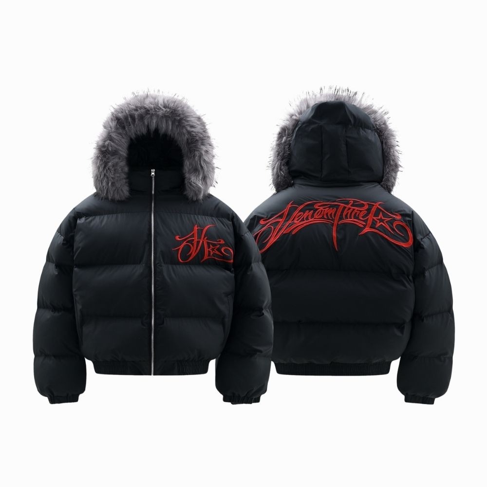 Black puffer jacket with red logo on a white background