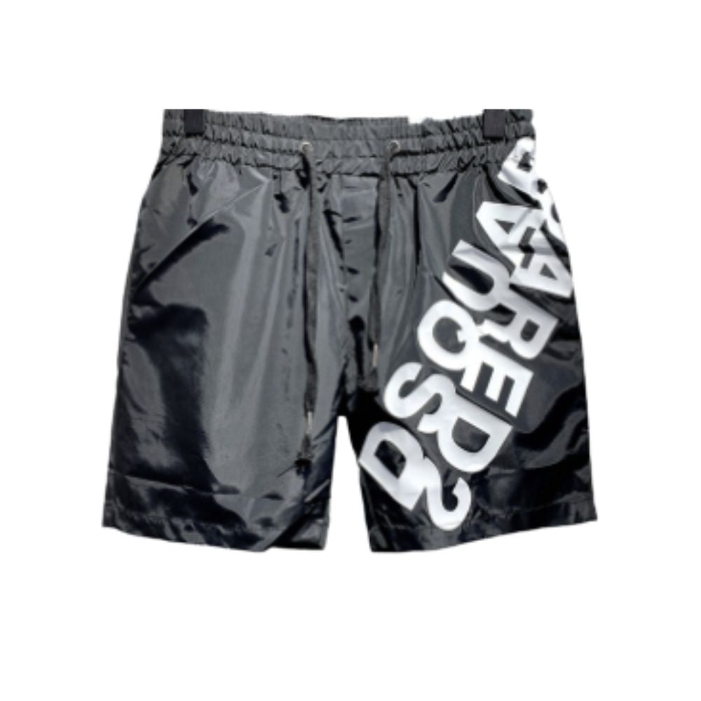 Black shorts with white text on a white background