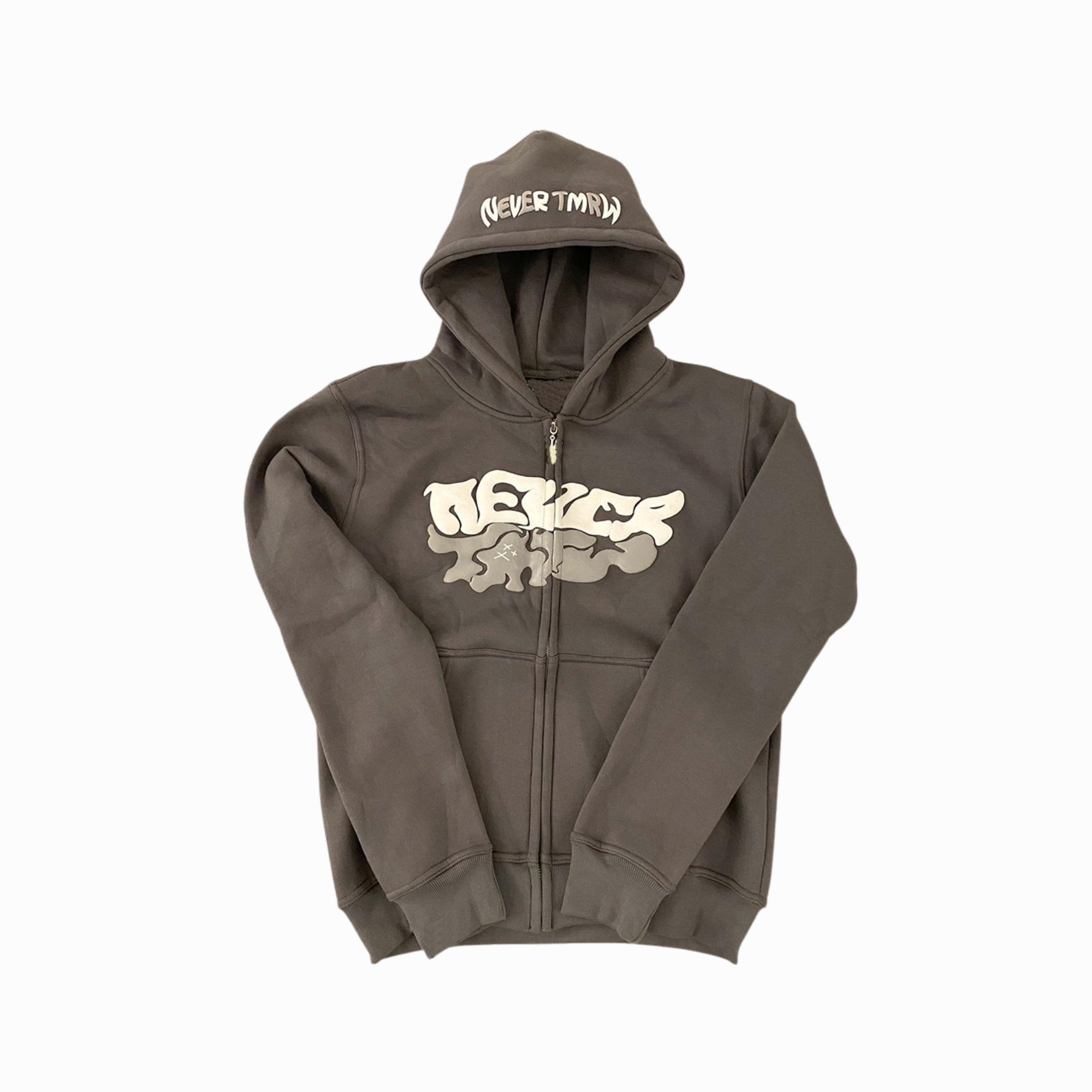 Brown hoodie with 'Never Mind' text on a white background