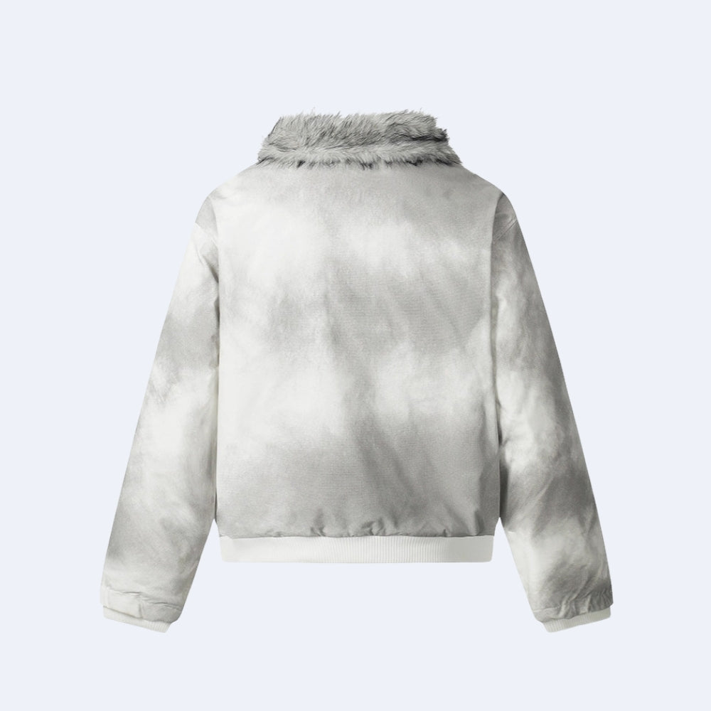 White. KRUX Blizzard white fur bomber jacket, flat lay back view