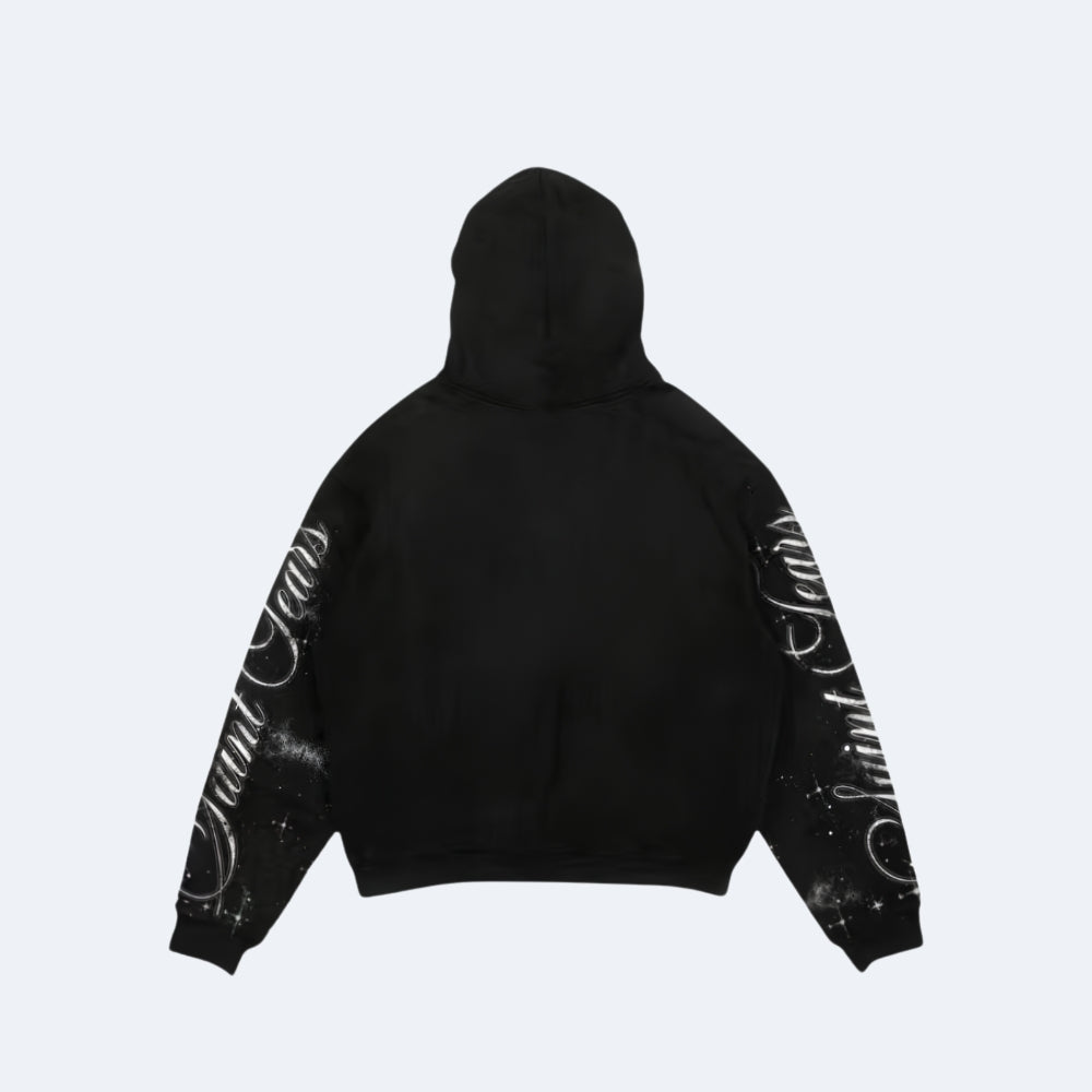 Black. A black hooded sweatshirt shown from the back, featuring white script text and starry splatter graphics down both sleeves.
