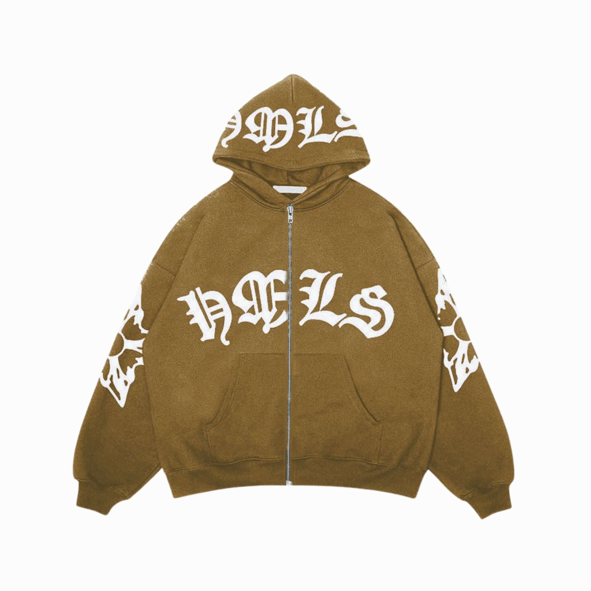 Brown hoodie with white text and designs on a white background