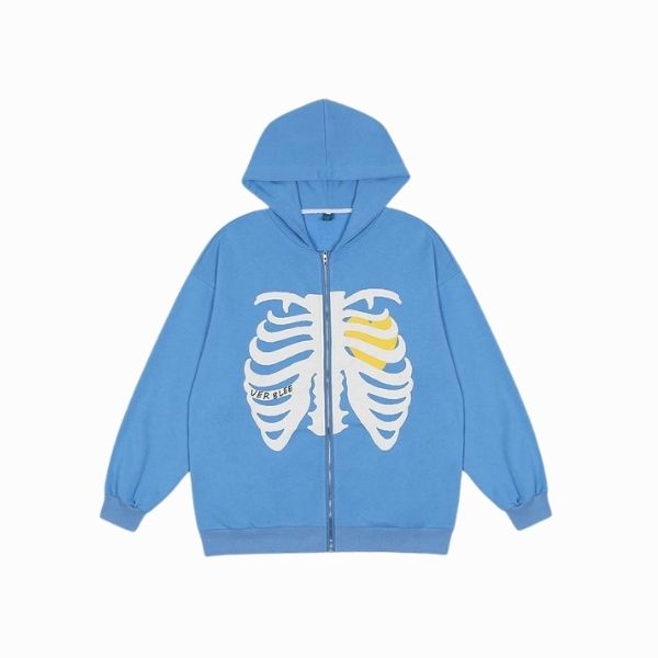 Blue hoodie with a white skeleton design on a white background