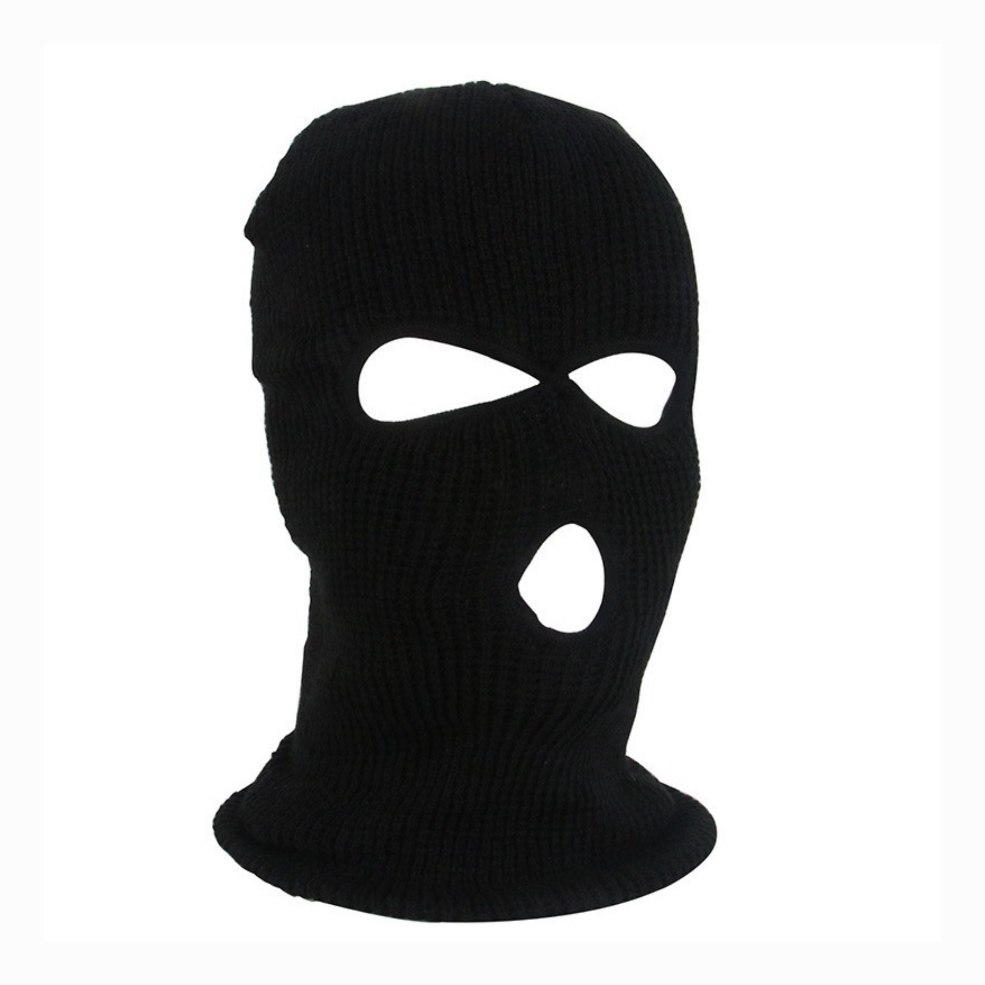 Black balaclava  ski mask with three eye holes on a white background