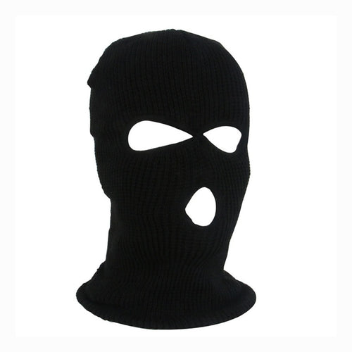 Black balaclava  ski mask with three eye holes on a white background