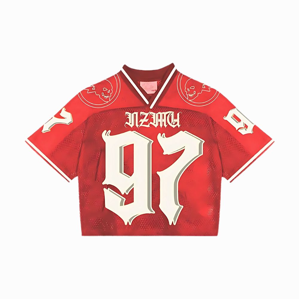 Red sports jersey with white lettering on a white background