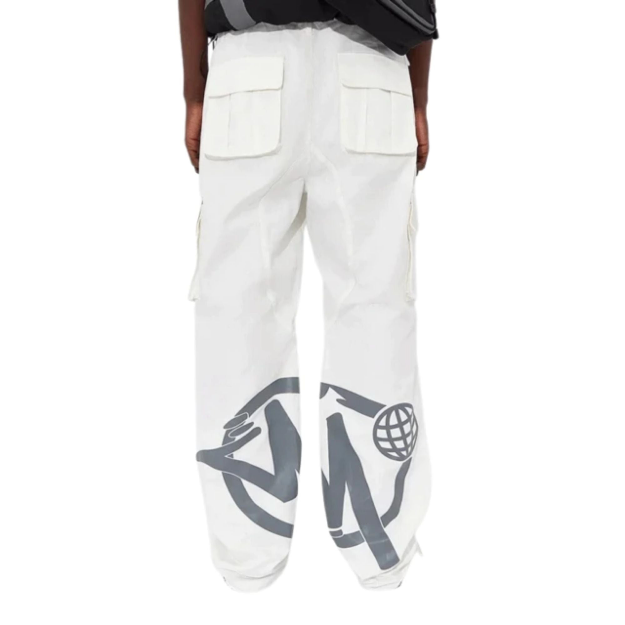 White cargo pants with a logo on a white background
