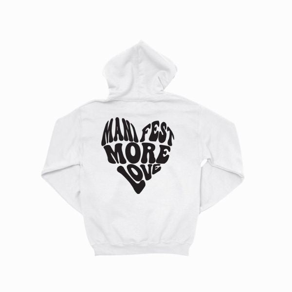 White hoodie with black text design on a white background