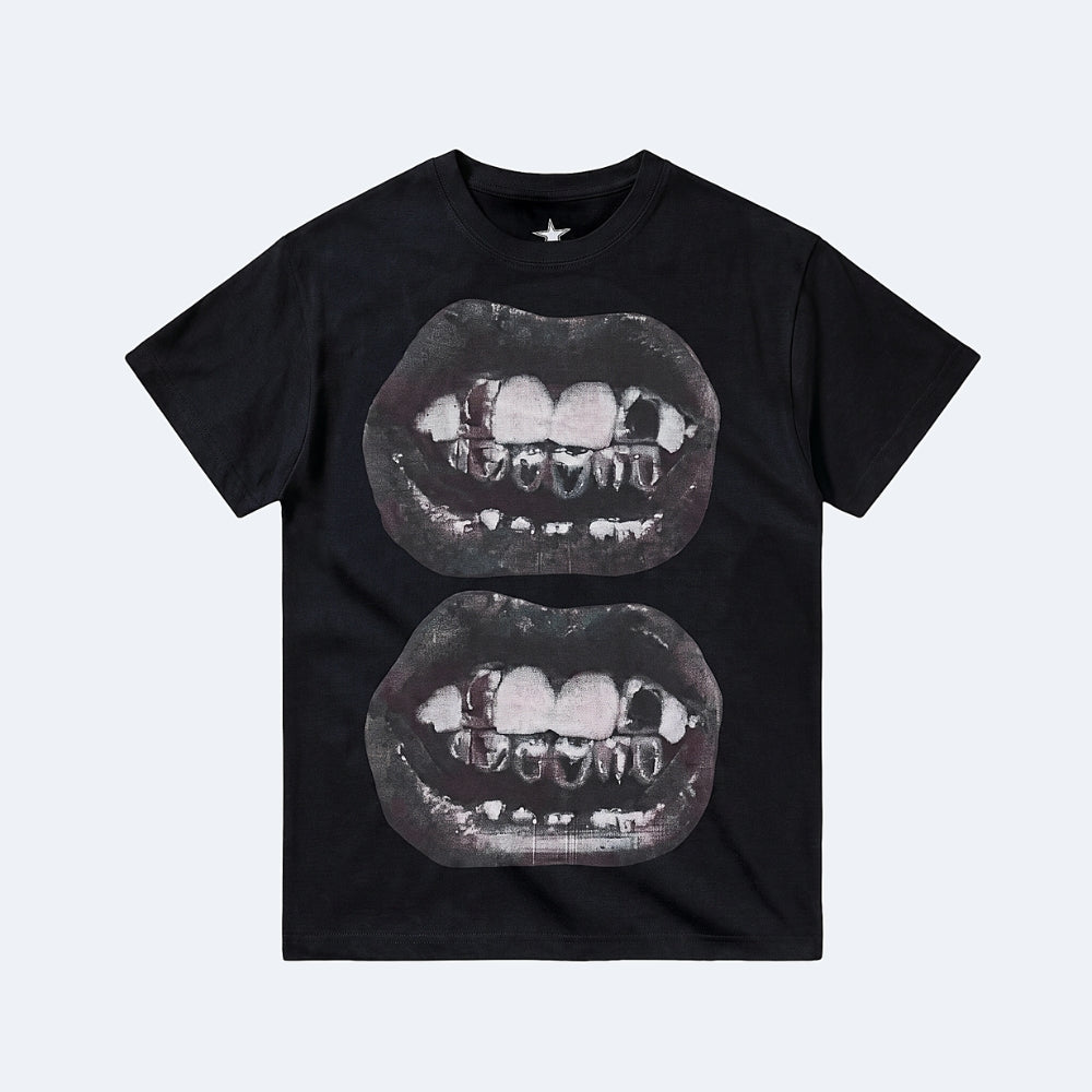 Black. A black short-sleeve crewneck t-shirt featuring a graphic print of two overlapping pairs of lips showing teeth, displayed flat.