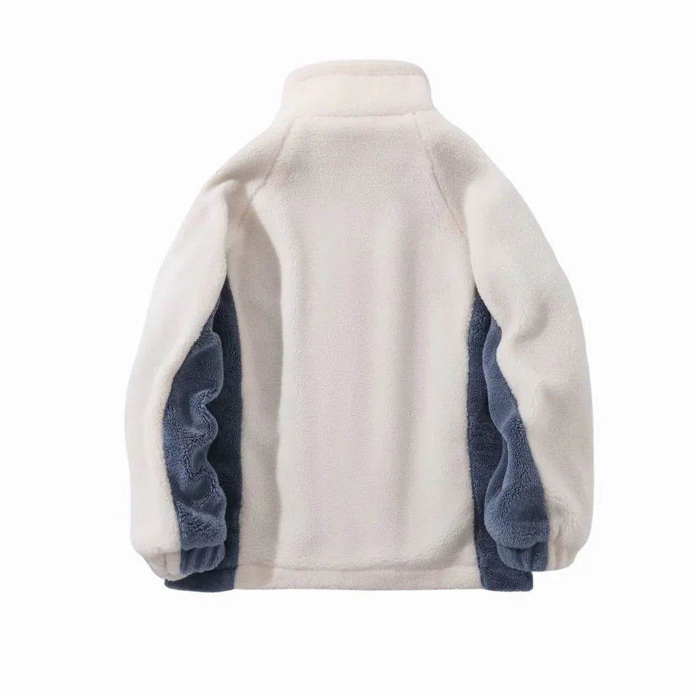 Back view of a beige fleece jacket with blue lining on a white background