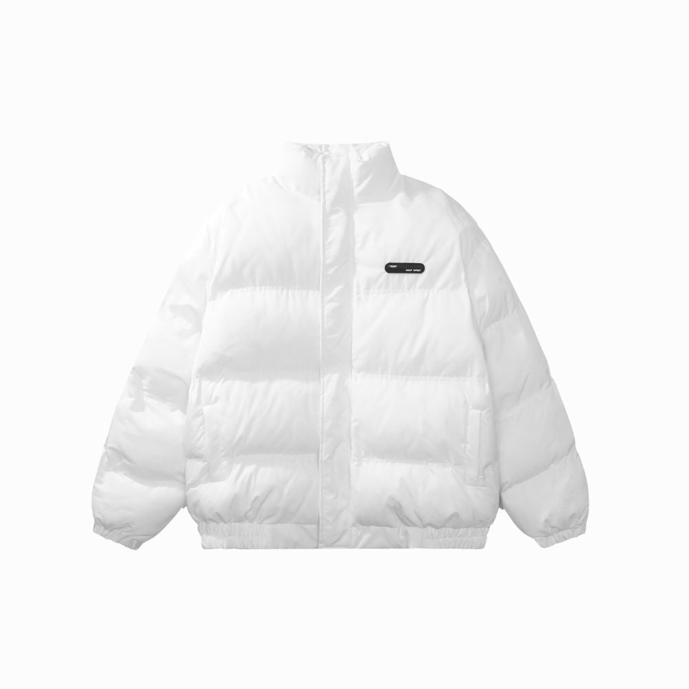 White puffer jacket with a brand logo on a white background