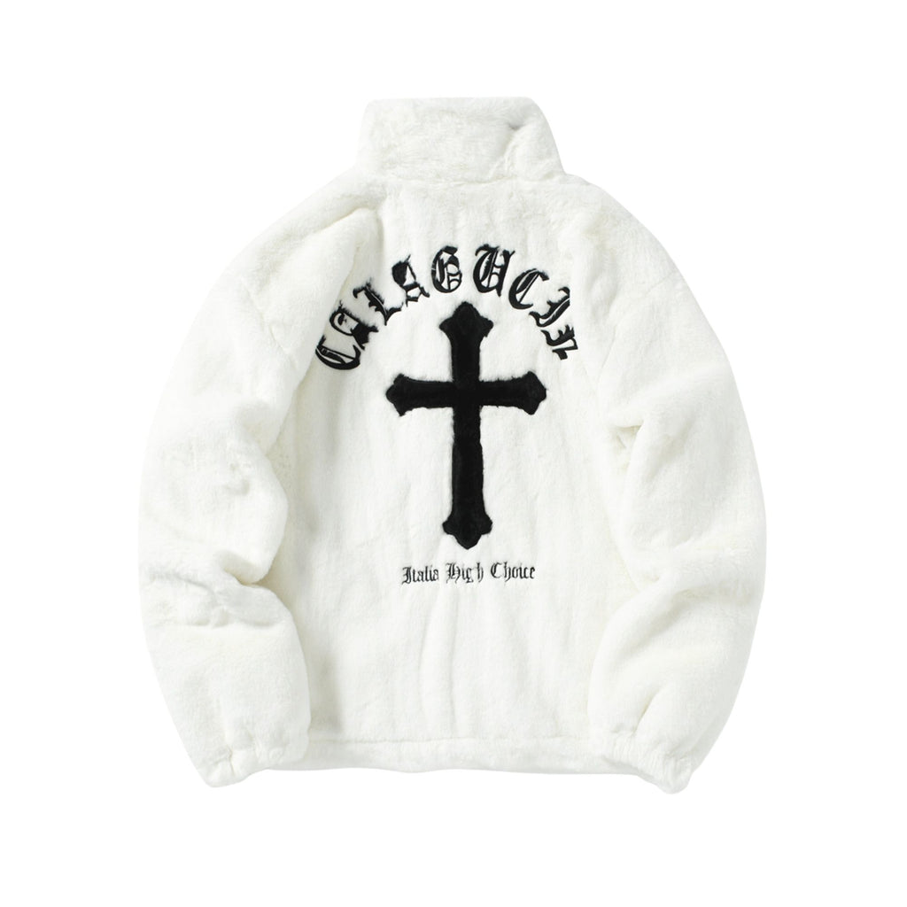 White hoodie with black cross design and text on a white background