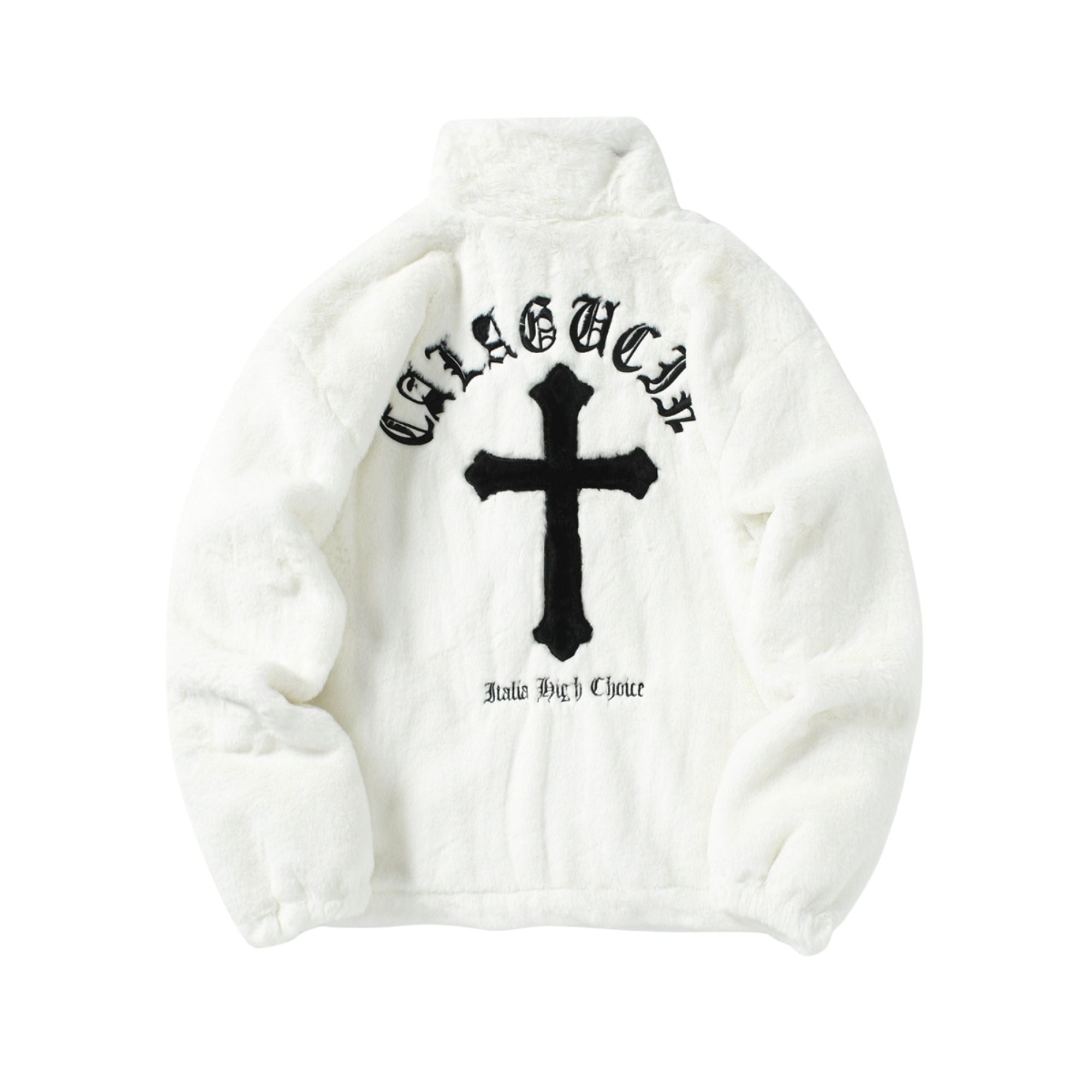 White hoodie with black cross design and text on a white background