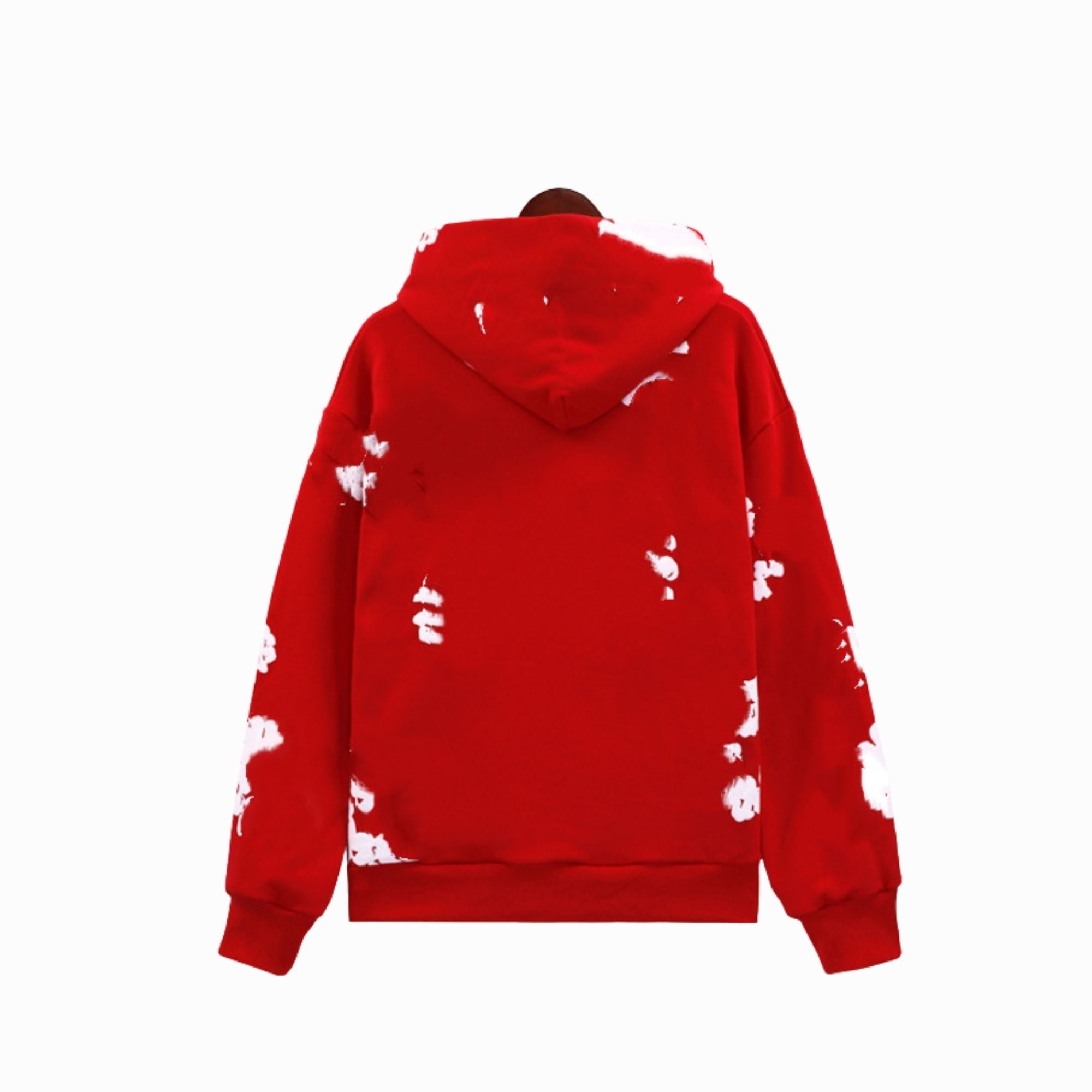 Red hoodie with white splatter design on a white background