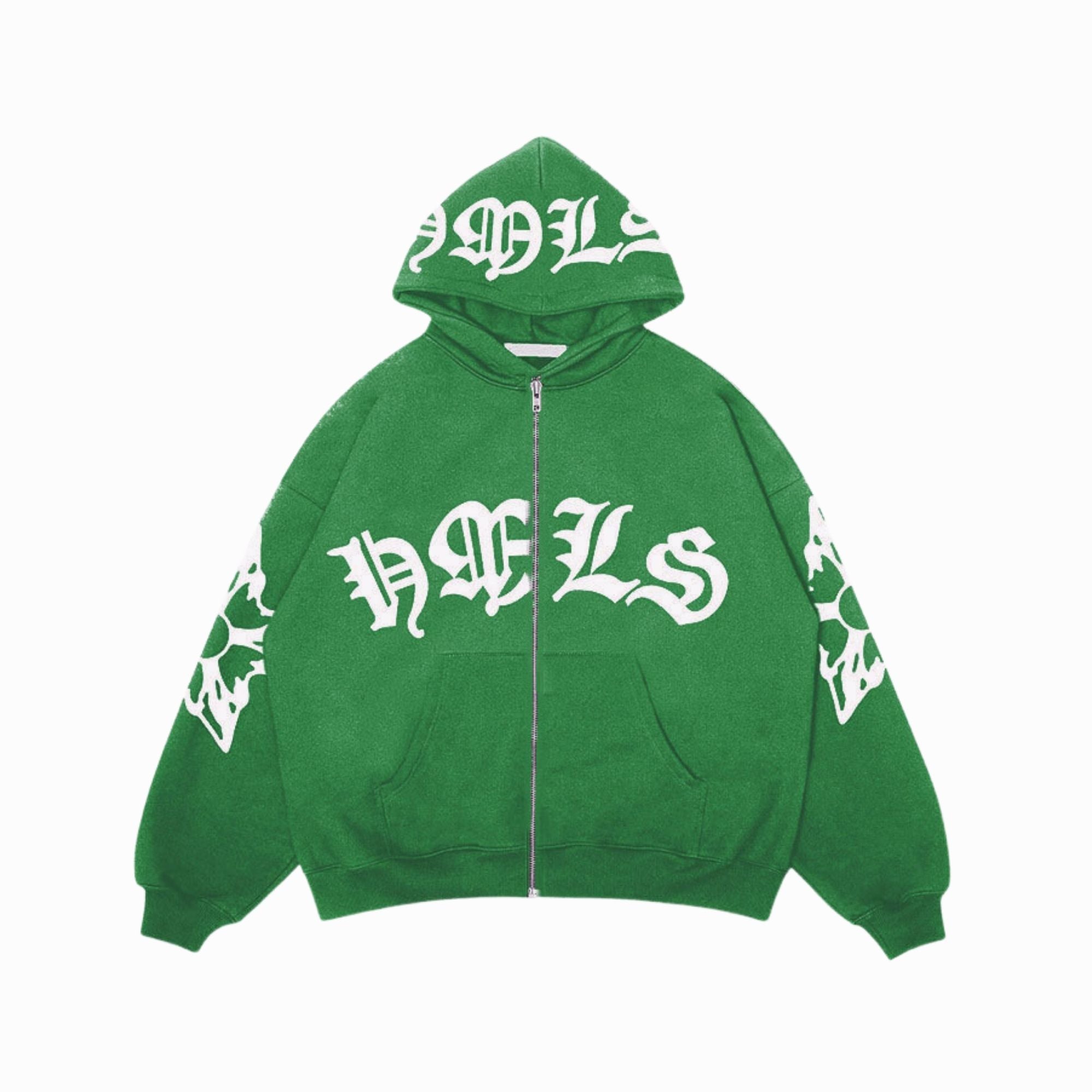 Green hoodie with white text on a white background