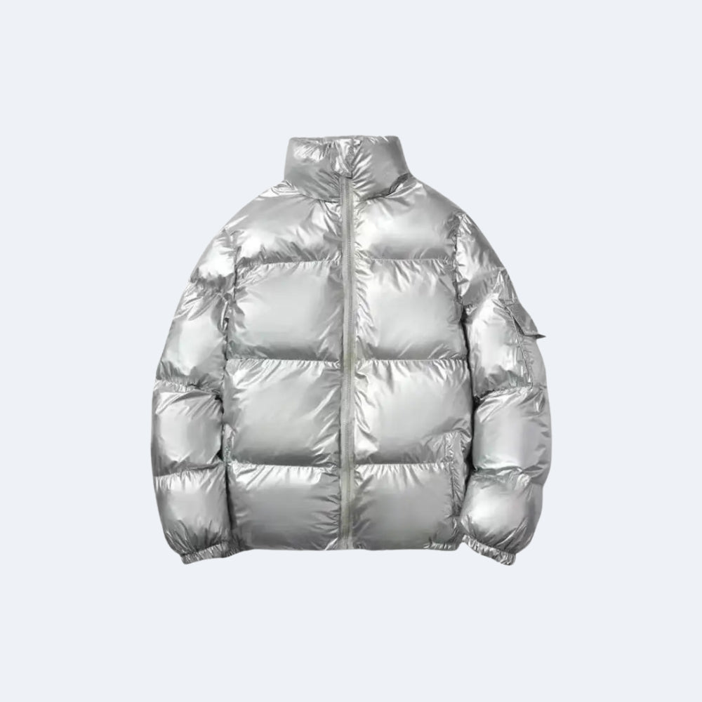 Silver. A shiny metallic silver puffer jacket with a stand-up collar and front zipper.